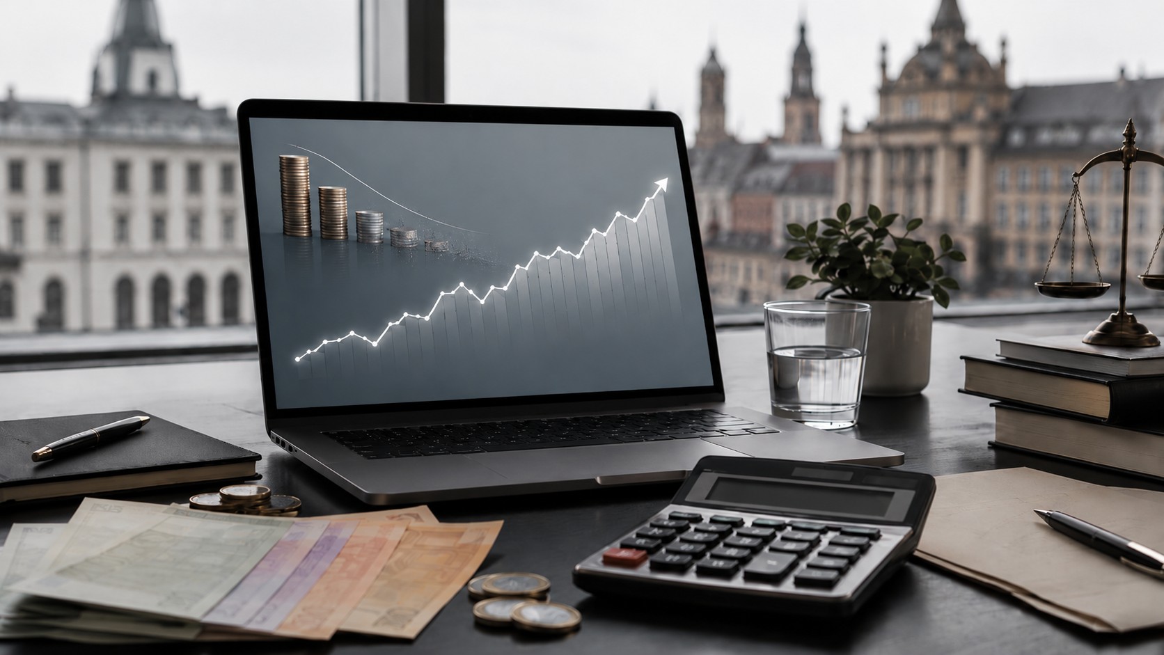 Inflation and capital gains tax in Europe illustrated with a rising investment chart, euro banknotes and calculator
