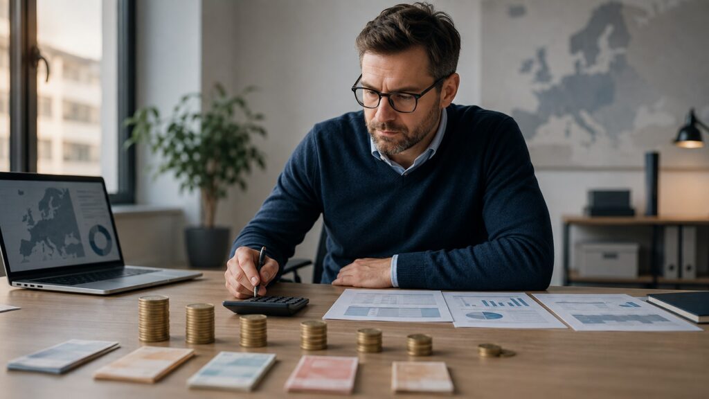 Tax burden in Europe illustrated through salary, taxes and personal finance documents