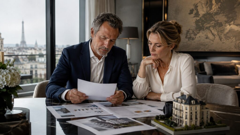 Affluent couple reviewing financial documents in a Paris apartment while assessing property and investment wealth