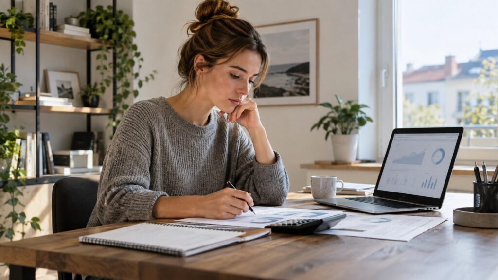 Young investor reviewing a €100 monthly investing budget at a home office desk