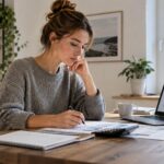 Young investor reviewing a €100 monthly investing budget at a home office desk